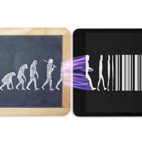 Krijtbord en ipad geven evolutie weer van mens naar barcode