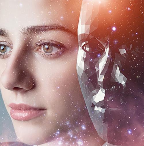 gezichten van een jonge vrouw en een robot op een achtergrond met lichtpuntjes