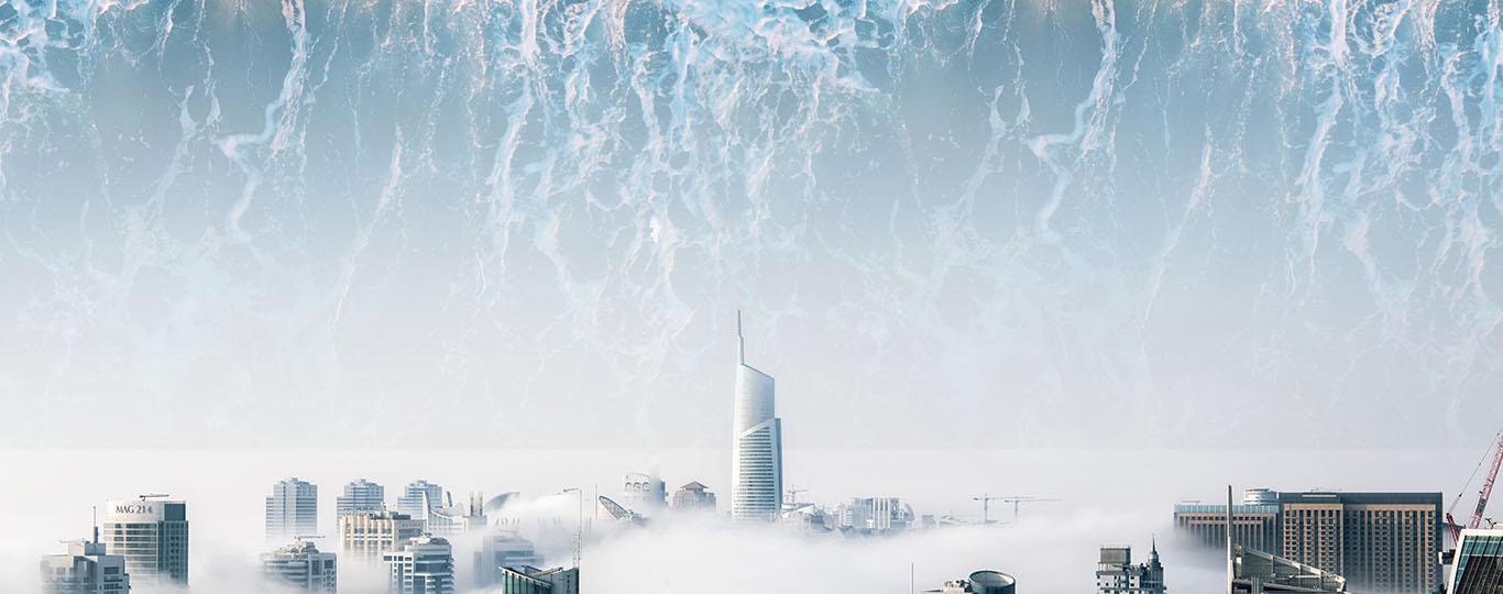 utopische beeld van moderne gebouwen in wolken die dreigen overspoeld te worden door reuzegolf