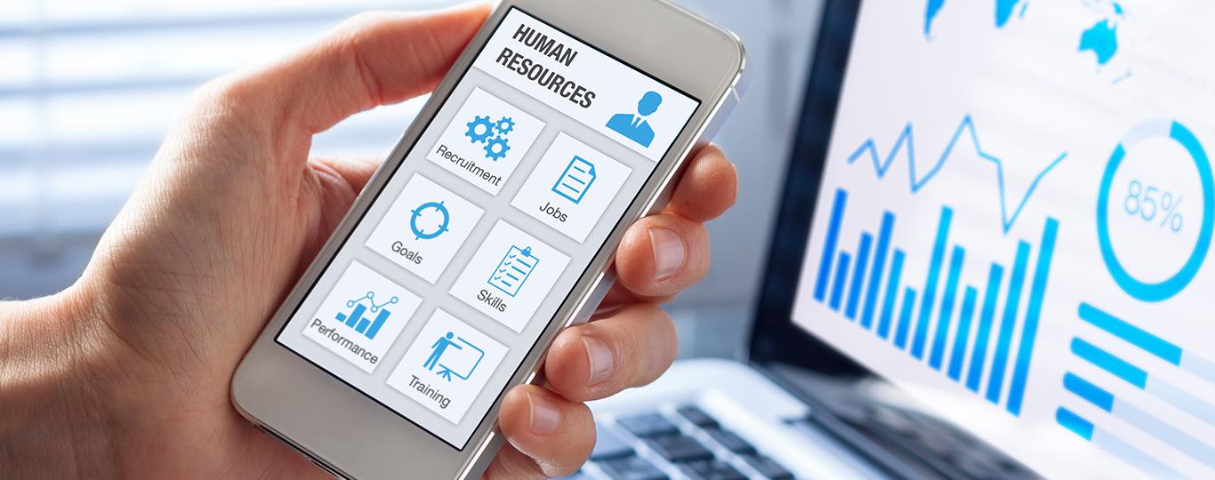 Human Resources app-concept op een gsm, pictogrammen over werving, werving, banen, training