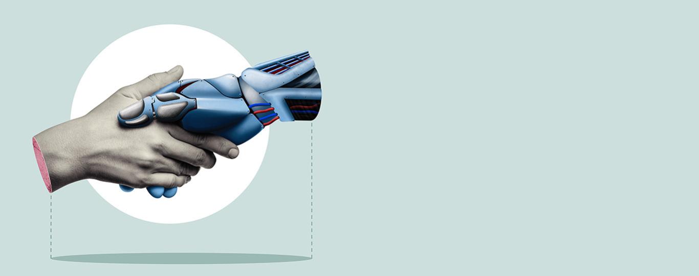 handdruk tussen robothand en mensenhand in retrostijl