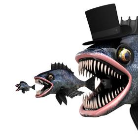 Illustrie: vis met hoge hoed en scherpe tanden eet kleinere vis op die op zijn beurt een nog kleinere vis opeet
