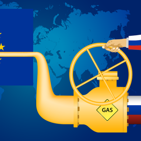 illustratie hand aan gaskraan in Rusland, gas in europa