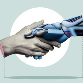 handdruk tussen robothand en mensenhand in retrostijl