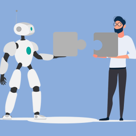 illustratie: robot en mens met een puzzelstuk