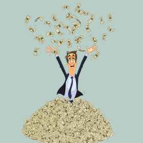 illustratie: man in maatpak werpt geldbiljetten omhoog uit een berg met geld